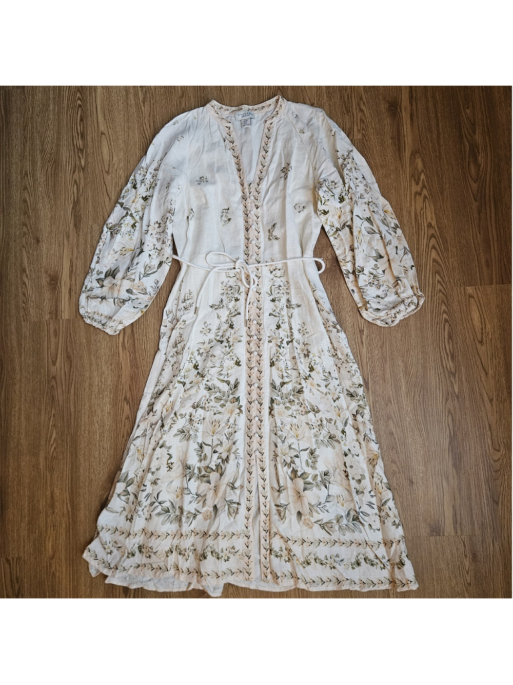 Calypso St. Barth Cream Floral Linen Cotton Midi Dress Boho Cottagecore Medium
